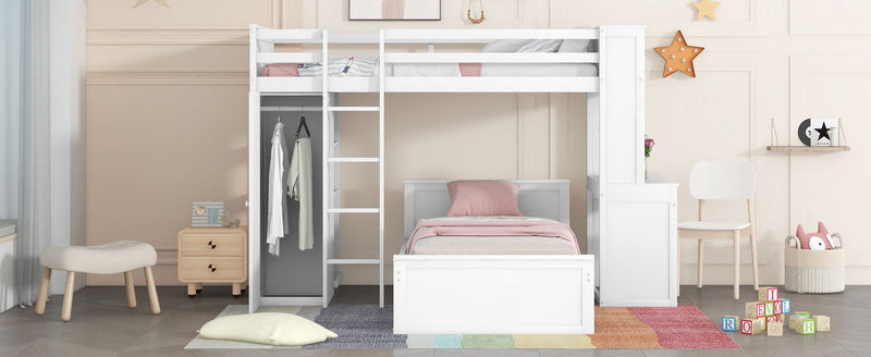 DreamHaus loft bed with standalone bed, shelves, desk, and wardrobe in a modern bedroom setup.