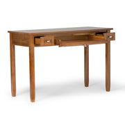 Handcrafted Warm Shaker Simpli-Home writing desk with a smooth wooden surface and minimalist design for home office use.