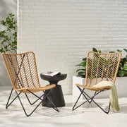 Set of two light brown wicker chairs with geometric cross metal bases by Noble House, perfect for stylish indoor or outdoor seating.