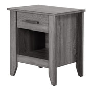 Glory Furniture roller drawer glides on a modern accent nightstand with a sleek wood finish and smooth sliding drawers.