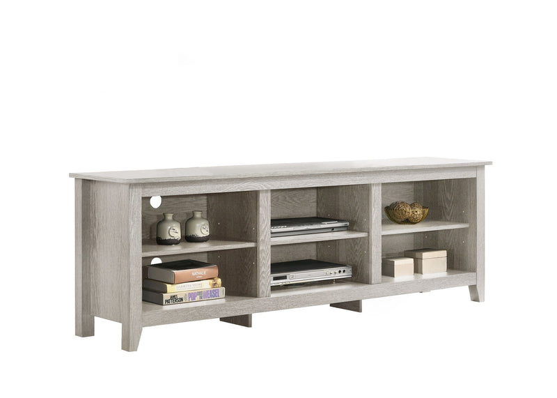 Lilola Home Benito TV stand with open shelves and cable management system, modern wood finish for living room entertainment.