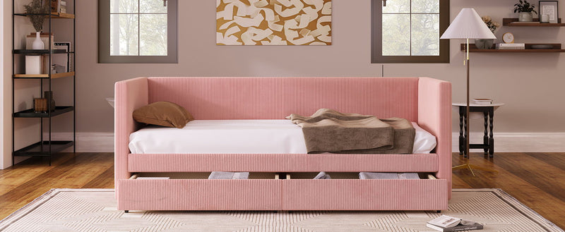 Halcyon Home storage daybed with two drawers and wood slat design, showcasing a modern, functional bedroom furniture piece.