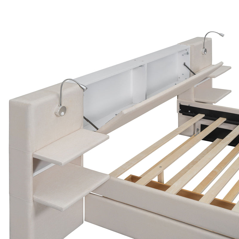 Upholstered Platform Bed With Reading Lights, Drawers, Trundle And Shelves - R&R Furniture Gallery (Fountain Valley, CA)