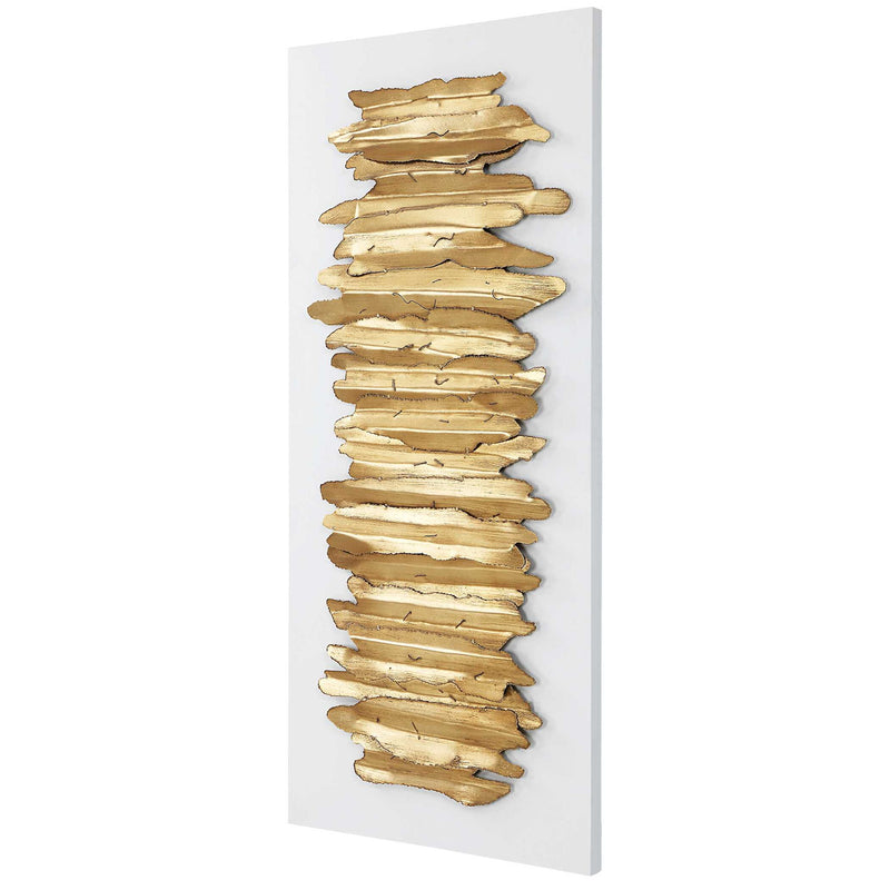 Uttermost Lev metal wall decor in white and gold with intricate geometric design, ideal for modern interior accents.