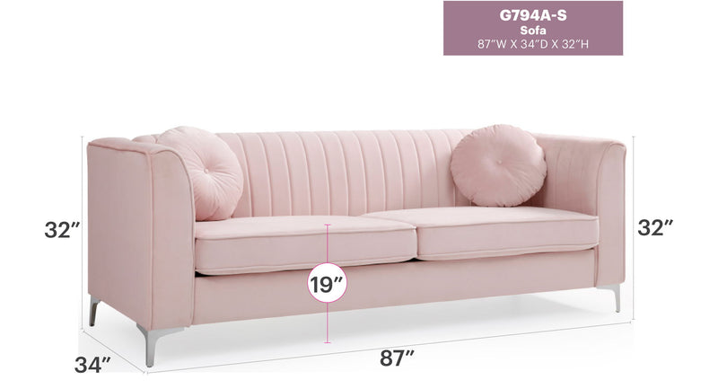 Delray micro suede stationary sofa by Glory Furniture, featuring a comfortable, modern design with plush seating and sleek upholstery.