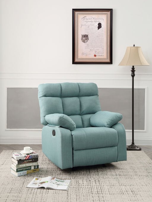 Glory Furniture Cindy rocker recliner with plush upholstery and wooden base, designed for comfortable relaxation.