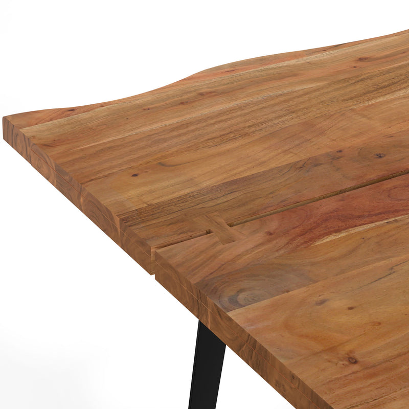Handcrafted Simpli-Home Delta dining table with wooden surface and sturdy legs, ideal for modern dining rooms.
