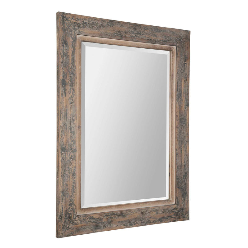 Distressed blue wall mirror from the Bozeman series by Uttermost, featuring a rustic, vintage-inspired frame design.