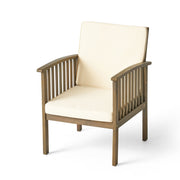 Pair of Noble House Casa Acacia wood club chairs with gray and cream water-resistant cushions, perfect for outdoor seating.