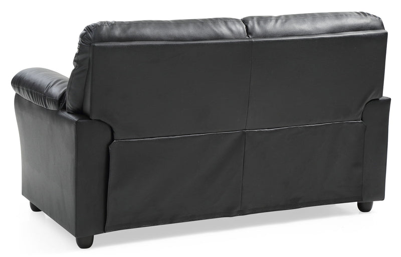 Black padded reclining love seat by Glory Furniture, modern design with plush cushions for comfortable living room seating.