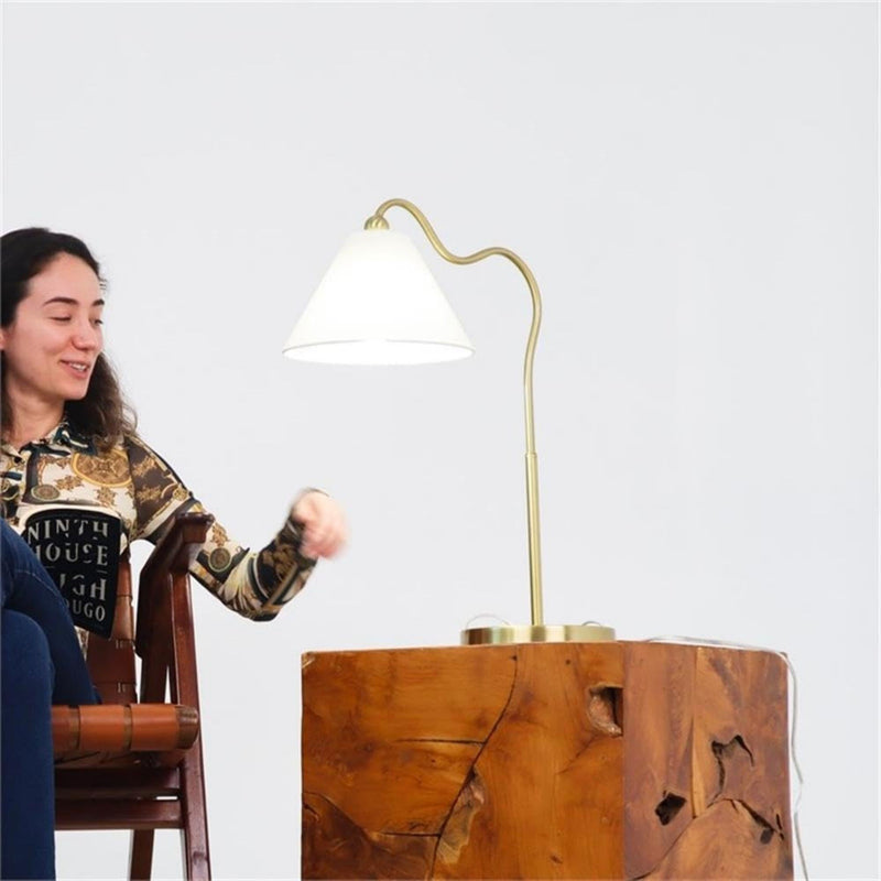 Ornate - Ring Base Curved Table Lamp With Triangle Drum Shade - Gold / White - R&R Furniture Gallery (Fountain Valley, CA)