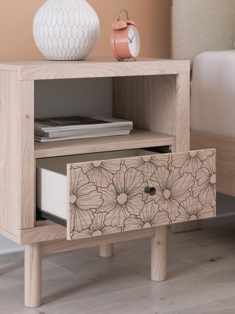 Tan Arloster nightstand with one drawer and built-in charging station, by Signature Design by Ashley.