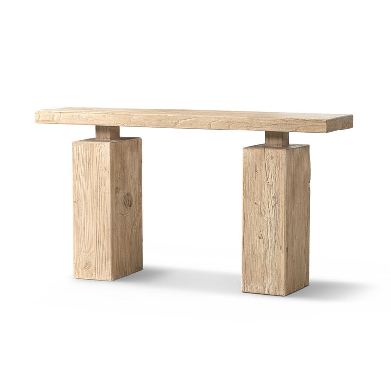 Jennifer Taylor Home Calder console table in natural wood finish, showcasing sleek design and smooth surface for entryway or living room.