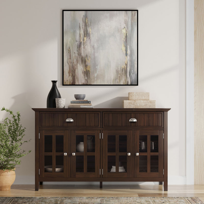 Brown Acadian large sideboard buffet by Simpli-Home with spacious storage and sleek design, perfect for dining or living room.