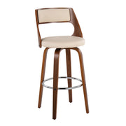 Set of two Lumi Source Cecina mid-century modern barstools with swivel seats, wooden legs, and upholstered seats.