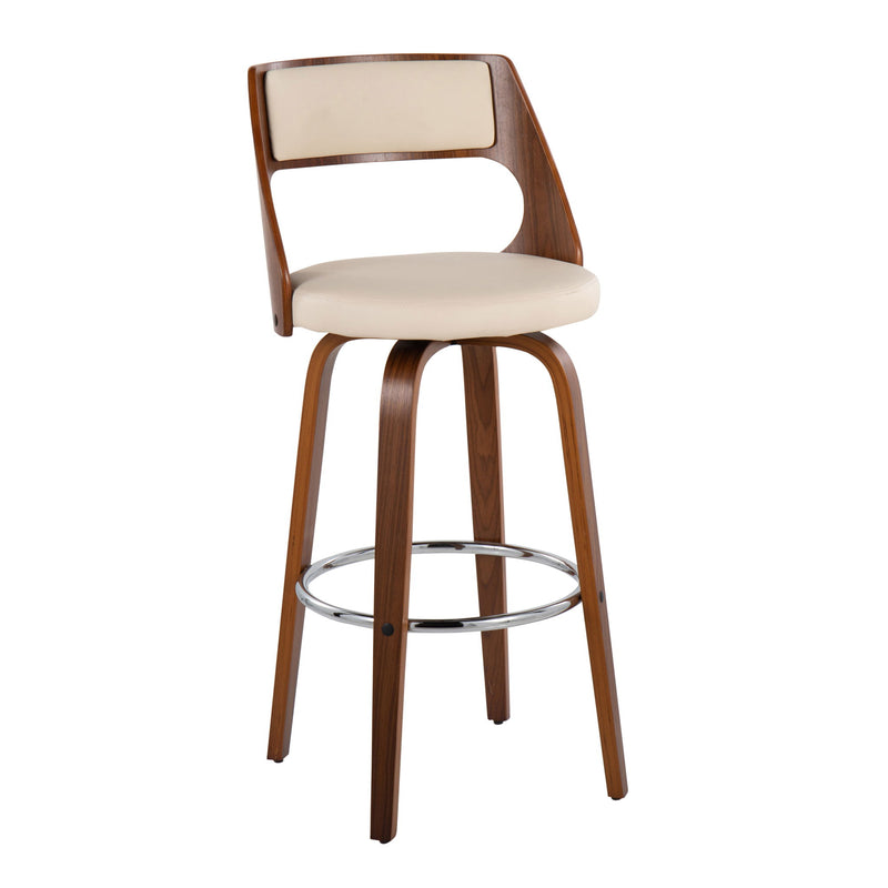 Set of two Lumi Source Cecina mid-century modern barstools with swivel seats, wooden legs, and upholstered seats.