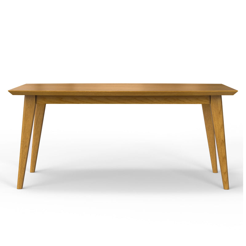 Rectangular Simpli-Home Draper dining table with wooden top, ideal for modern dining room setups and family gatherings.
