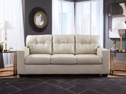 Signature Design by Ashley Santorine living room set with stationary chair and matching ottoman, upholstered in neutral fabric.