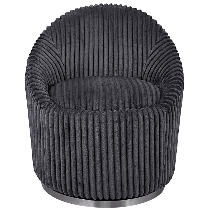 Uttermost Crue Fabric Swivel Chair with plush upholstery and modern design, shown from a side angle.