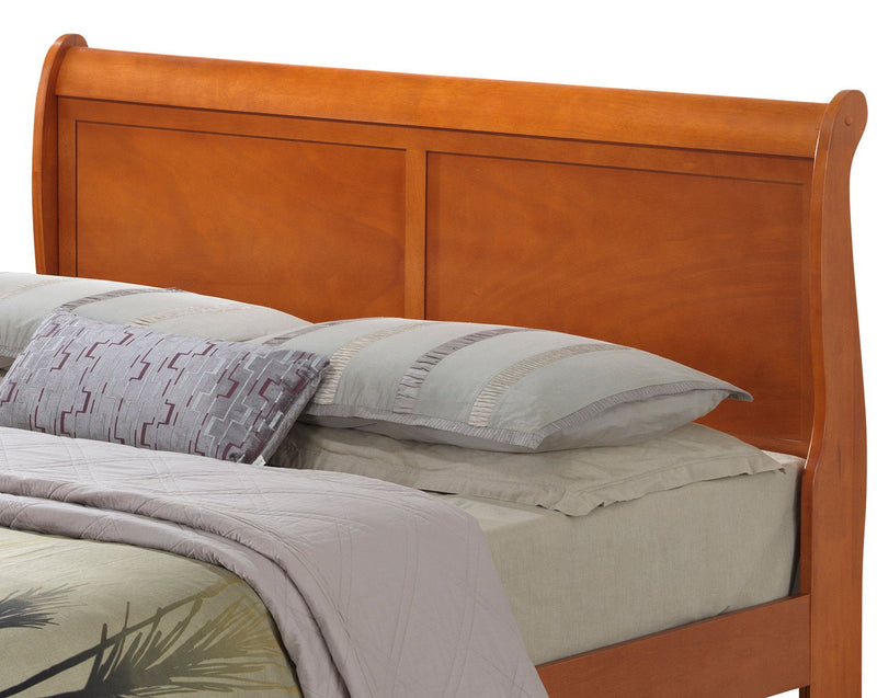 Glory Furniture panel sleigh bed with curved headboard and footboard in dark wood finish, showcasing elegant classic design.