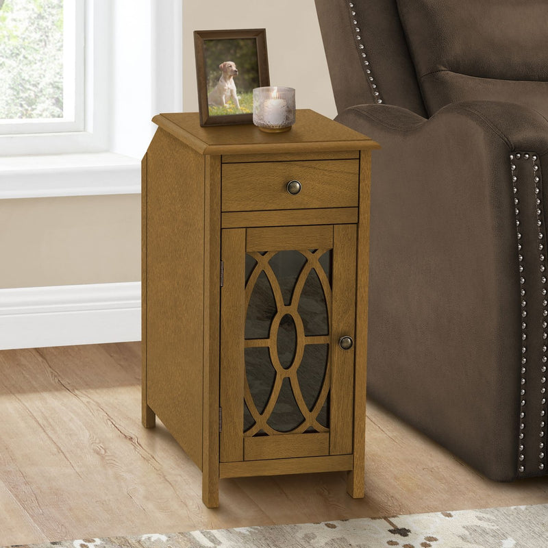 8th Street taupe accent side table with storage drawer, traditional style, featuring a sleek tabletop and elegant design.