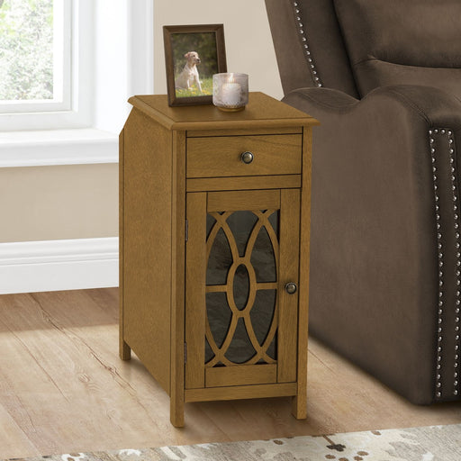 8th Street taupe accent side table with storage drawer, traditional style, featuring a sleek tabletop and elegant design.