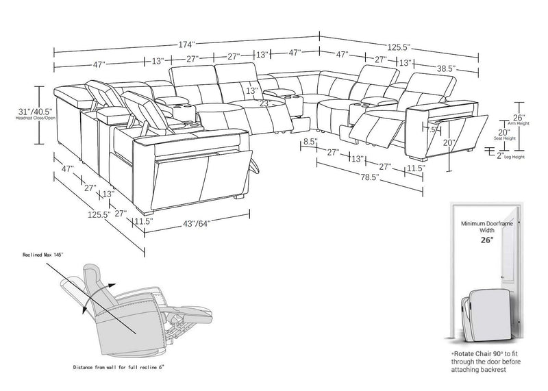 1224 - 12-Piece U-Shaped Sectional Sofa In With 4 Power Recliners & Power Headrests