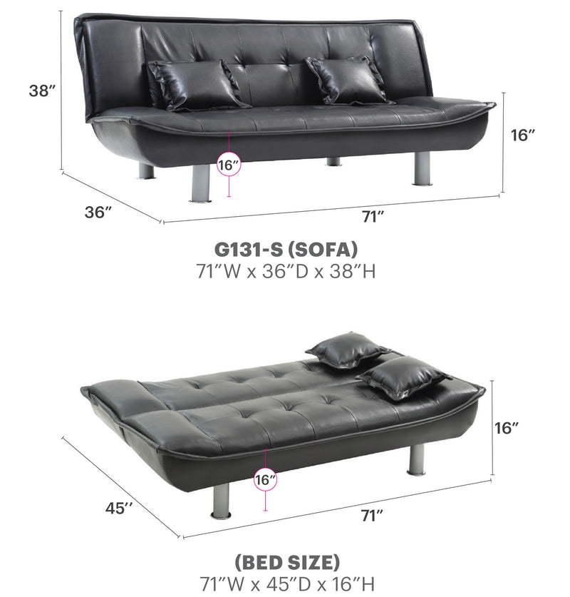 Glory Furniture Lionel sofa bed futon sofa with gray fabric upholstery and modern design, shown in both sofa and bed positions.
