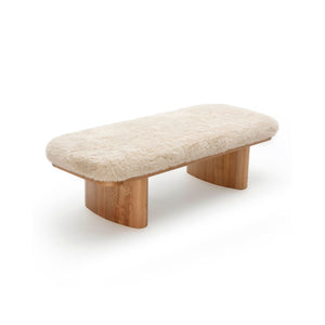 Upholstered Ollie Straight Bench by TOV Furniture with beige fabric and simple wooden legs, ideal for entryways or living rooms.