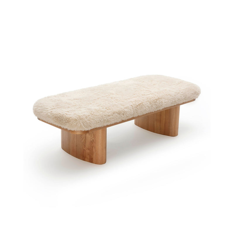 Upholstered Ollie Straight Bench by TOV Furniture with beige fabric and simple wooden legs, ideal for entryways or living rooms.