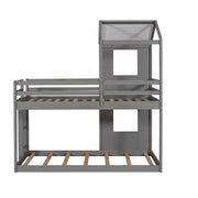 DreamHaus wooden bunk bed with roof, window, guardrail, and ladder, showcasing a sturdy and stylish children's bedroom setup.