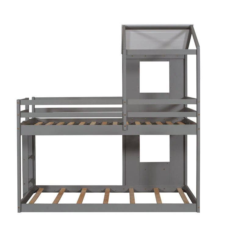DreamHaus wooden bunk bed with roof, window, guardrail, and ladder, showcasing a sturdy and stylish children's bedroom setup.