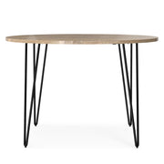 Hunter round natural wood dining table by Simpli-Home, showcasing a smooth circular surface and sturdy wooden legs.