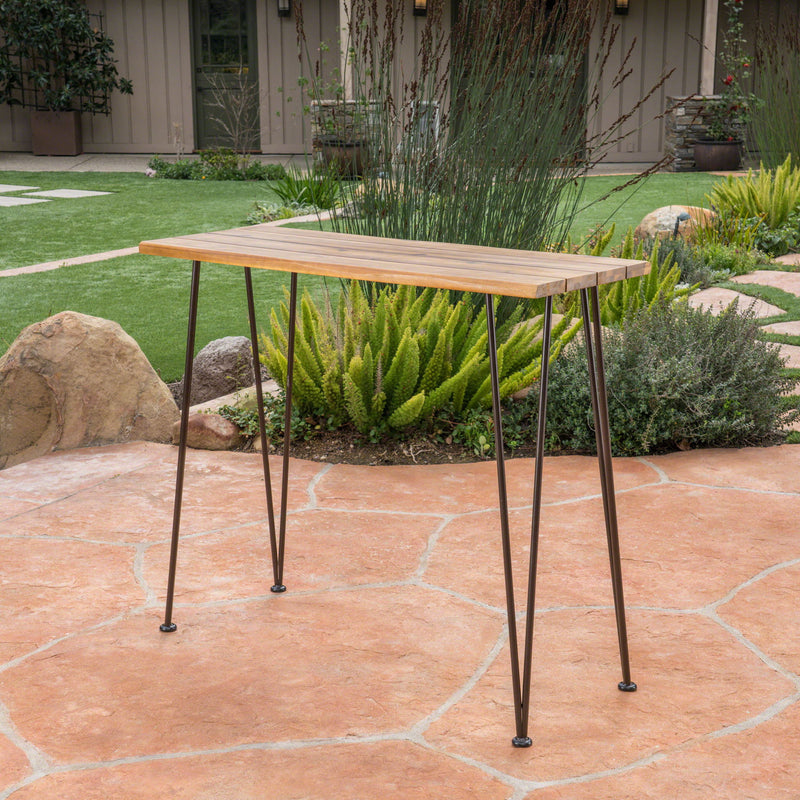 Outdoor Bar Table With Wood Tabletop And Iron Hairpin Legs - Black / Teak - R&R Furniture Gallery (Fountain Valley, CA)