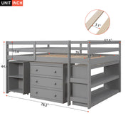 DreamHaus loft low study bed with integrated cabinet, shelves, and rolling portable desk, showcasing multi-functionality and modern design.
