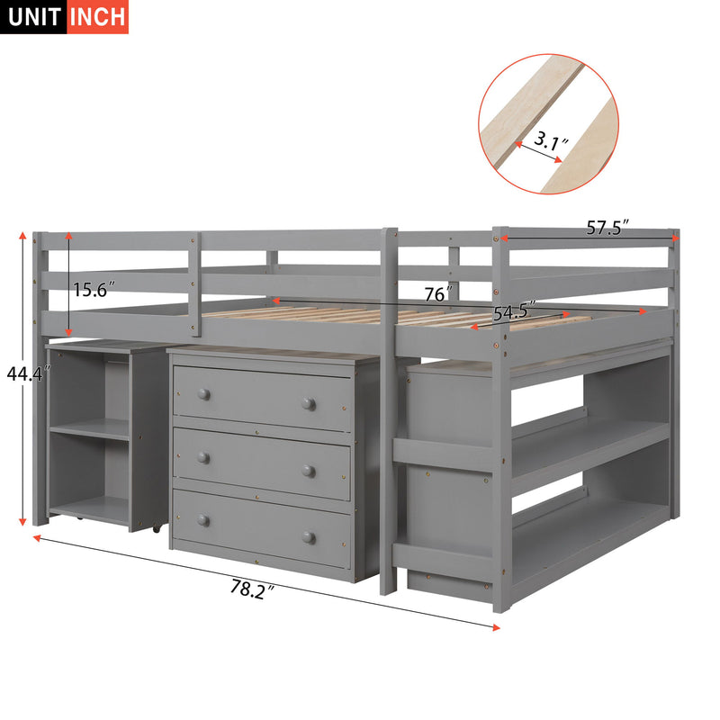 DreamHaus loft low study bed with integrated cabinet, shelves, and rolling portable desk, showcasing multi-functionality and modern design.
