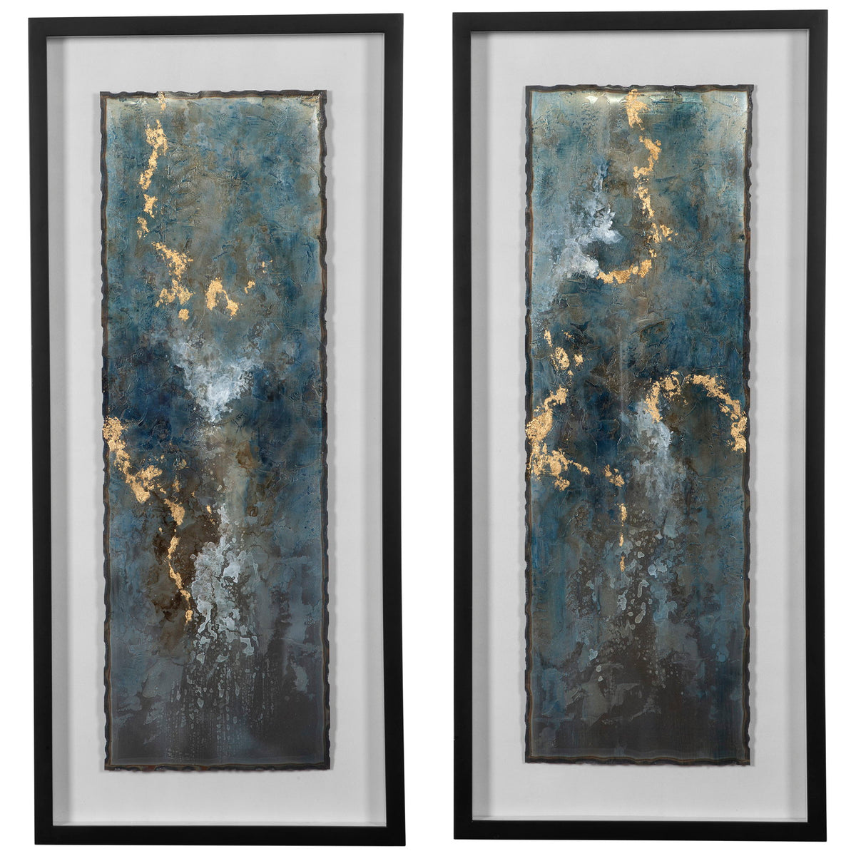 Set of 2 framed abstract prints featuring shimmering blue agate designs by Uttermost, perfect for modern wall decor.