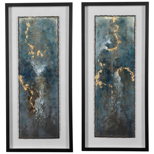 Set of 2 framed abstract prints featuring shimmering blue agate designs by Uttermost, perfect for modern wall decor.