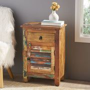 Recycled wood side table with drawer and door from Noble House, featuring a natural finish and rustic design.