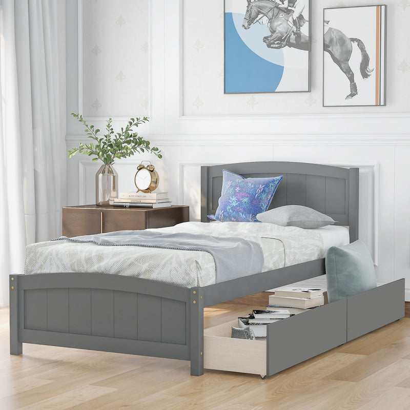 DreamHaus platform bed with headboard, footboard, and wood slat support, showcasing a modern wooden bedroom furniture piece.