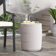 Antique white outdoor patio end table by Noble House with a rustic wooden top and sturdy metal frame for outdoor use.