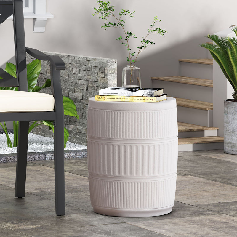 Antique white outdoor patio end table by Noble House with a rustic wooden top and sturdy metal frame for outdoor use.