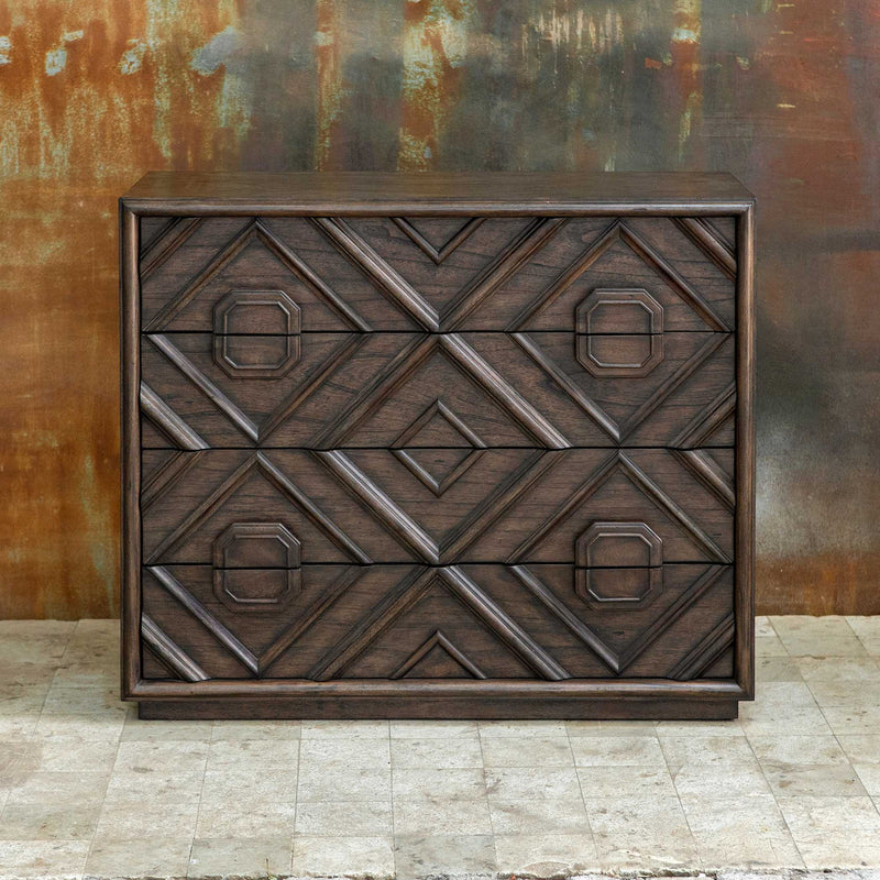 Dark brown Uttermost Mindra drawer chest with sleek accent design and modern hardware, perfect for stylish storage in living spaces.