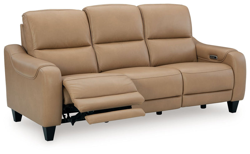 Ashley Mosswell power reclining sofa with adjustable headrest in toffee, showcasing plush seating and modern design.