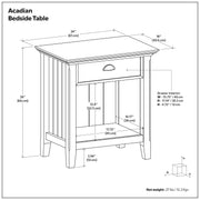 Handcrafted Acadian bedside table by Simpli-Home, featuring a compact wooden design with a single drawer and open shelf.