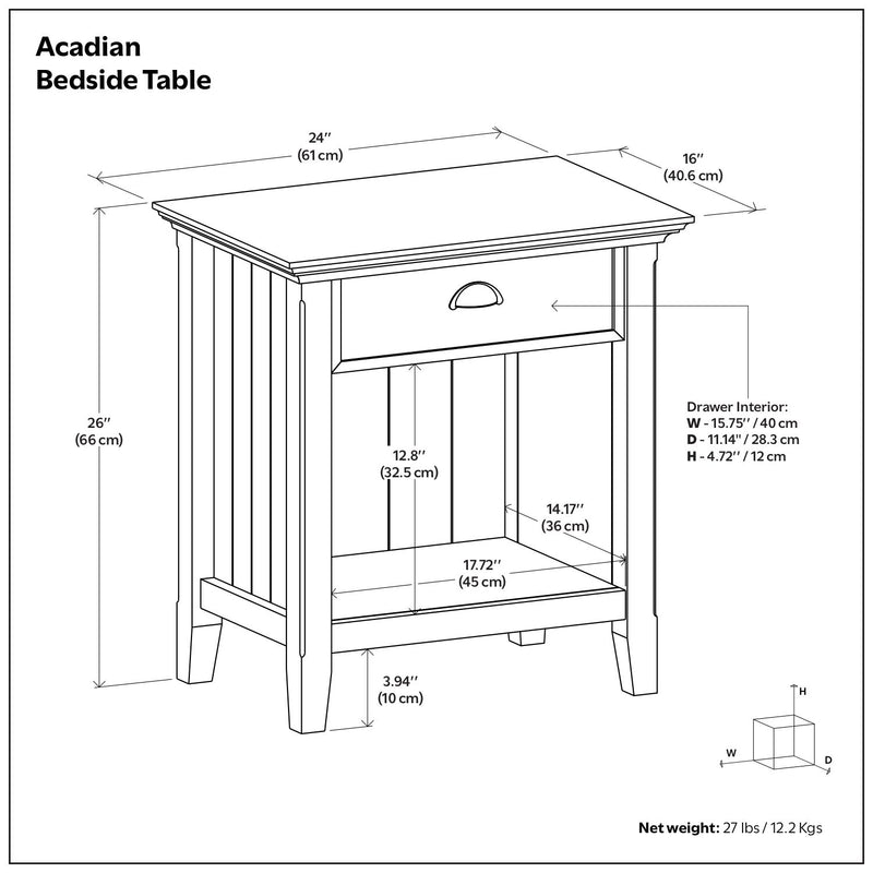 Handcrafted Acadian bedside table by Simpli-Home, featuring a compact wooden design with a single drawer and open shelf.