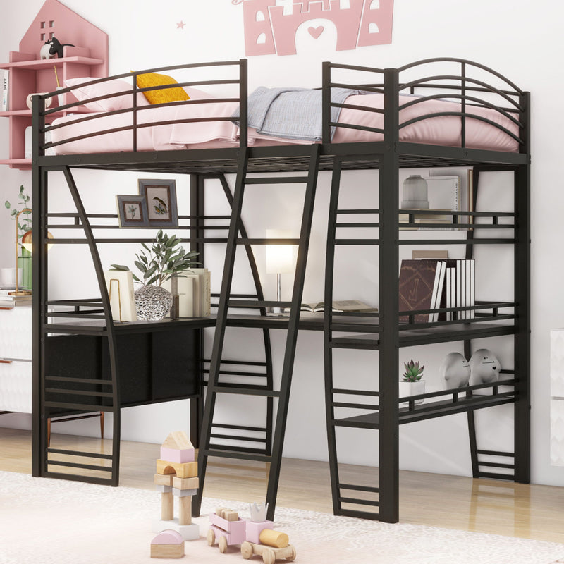 Loft Bed With 4 Layers Of Shelves And L-Shaped Desk, Stylish Metal Frame Bed With A Set Of Sockets, USB Ports And And Wireless Charging - R&R Furniture Gallery (Fountain Valley, CA)