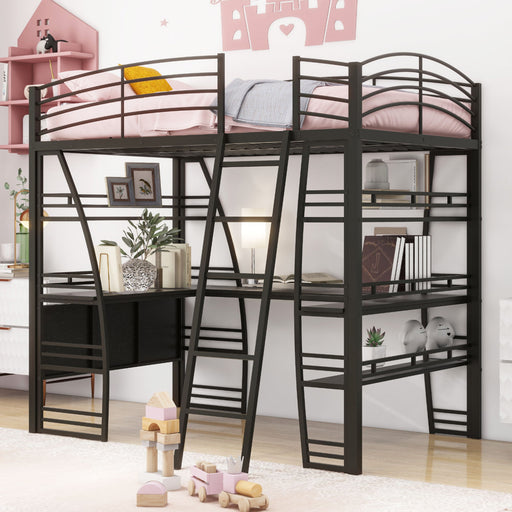 Loft Bed With 4 Layers Of Shelves And L-Shaped Desk, Stylish Metal Frame Bed With A Set Of Sockets, USB Ports And And Wireless Charging - R&R Furniture Gallery (Fountain Valley, CA)