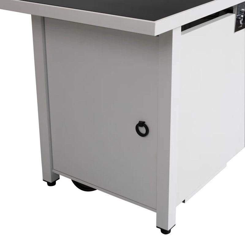 White outdoor rectangular fire pit table with adjustable flame control from LSI Patio Furniture, 43 inches long, ideal for outdoor gatherings.