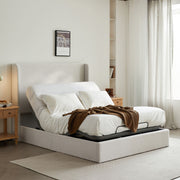 Caron - Queen Size Upholstered Wingback Bed With Adjustable Base Bundle Set - Ivory - R&R Furniture Gallery (Fountain Valley, CA)